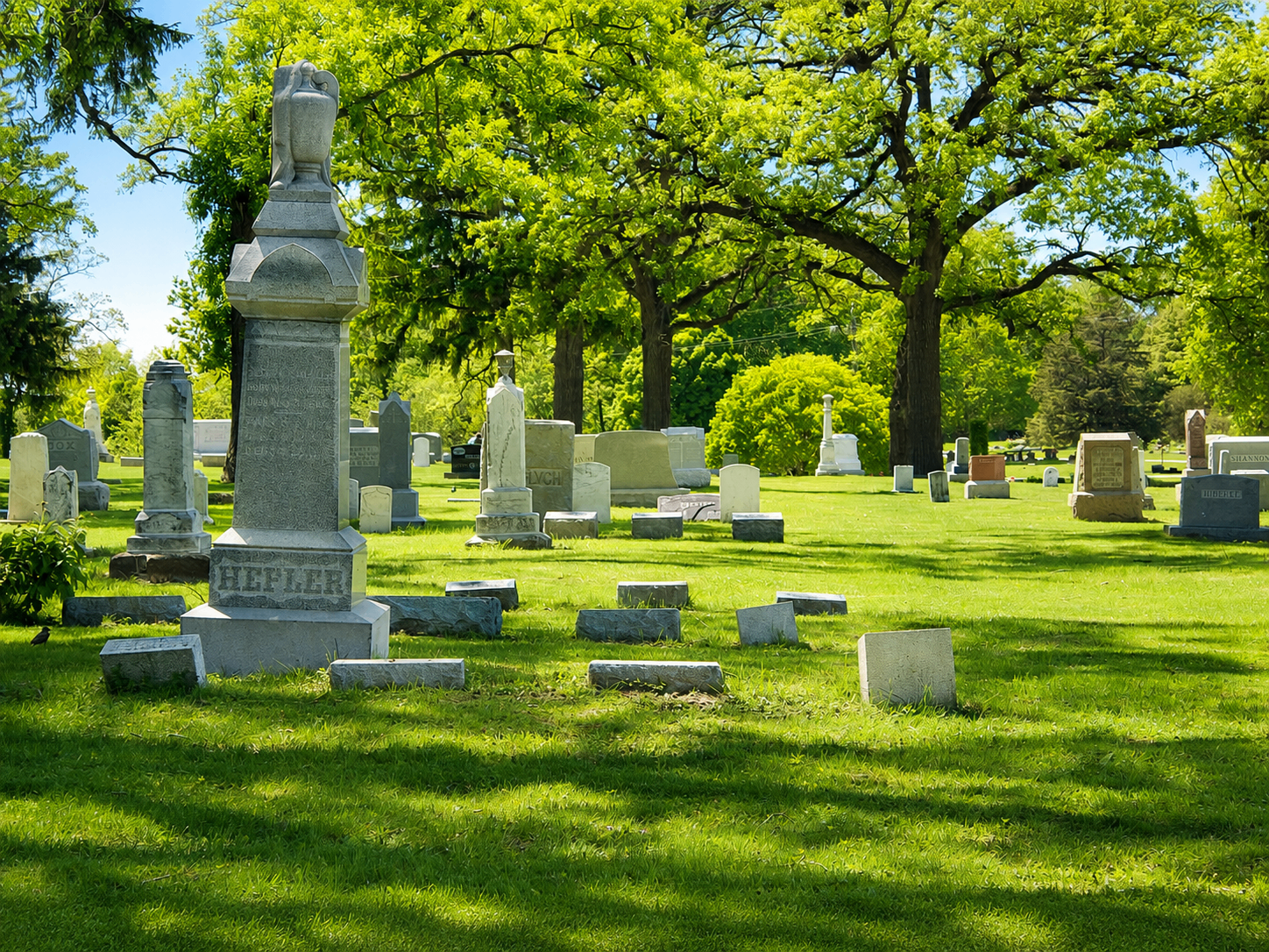 The Hefler obelisk among heritage oaks at Riverview Cemetery