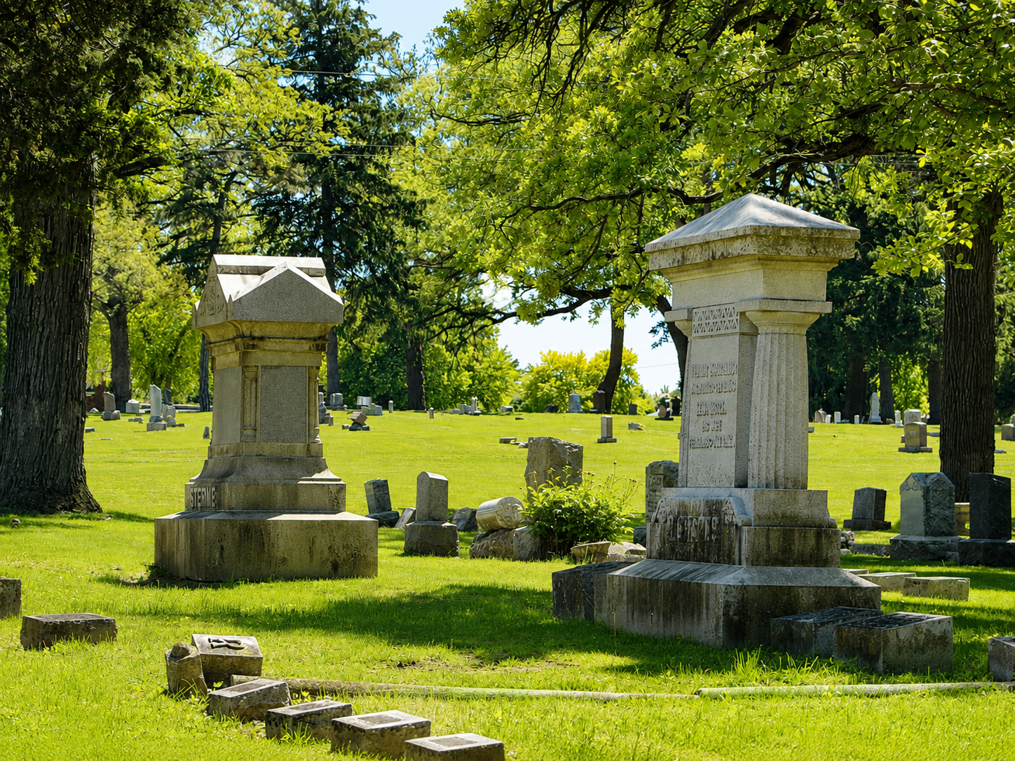 Two weathered monuments under mature oaks at Riverview Cemetery